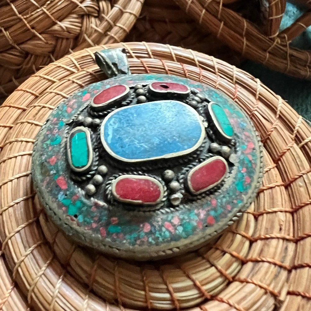 Inlay coral and turquoise pendant tribal jewelry